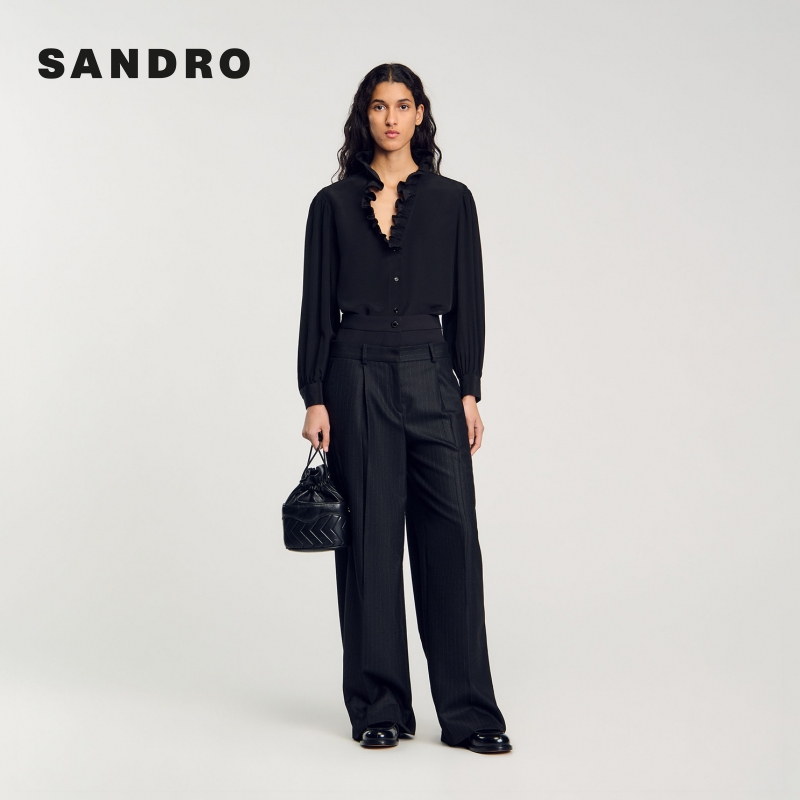 SANDRO经典款女装高知风穿搭黑色木耳领边桑蚕丝衬衫SFPCM01233