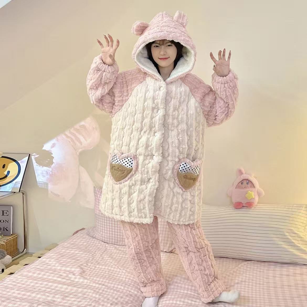 【0245粉白拼】睡衣女冬季珊瑚绒三层夹棉保暖可外穿冬睡衣加厚睡衣