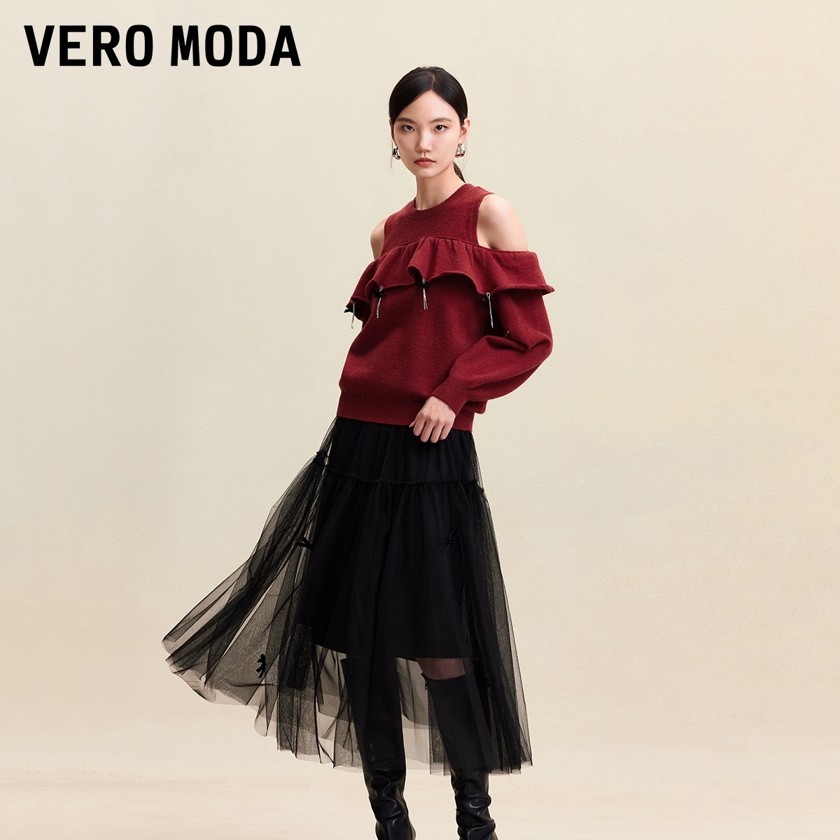 Vero Moda连衣裙【鸿运】秋冬新款蝴蝶结针织衫长裙真两件325446006