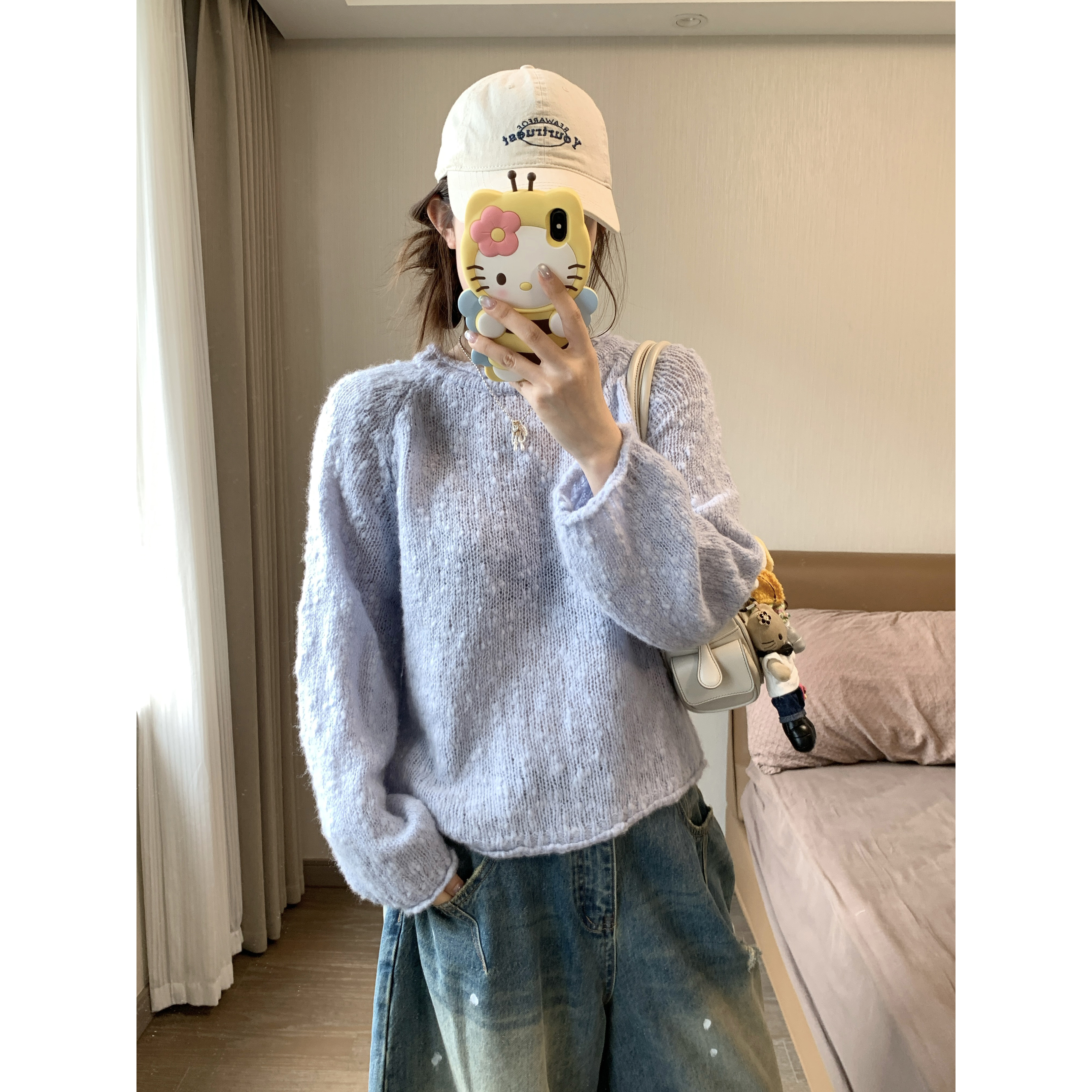 小沈美眉 云朵慕斯 羊毛豆豆纱毛衣早秋圆领长袖针织宽松上衣女