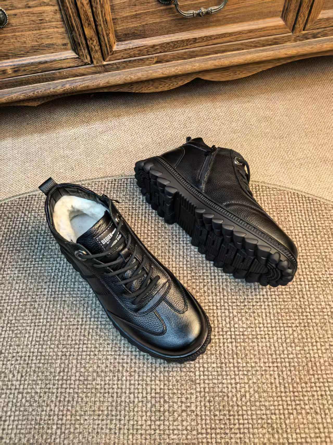 【头层牛皮】断码特价羊皮毛一体男士系带侧拉链休闲皮鞋 9958