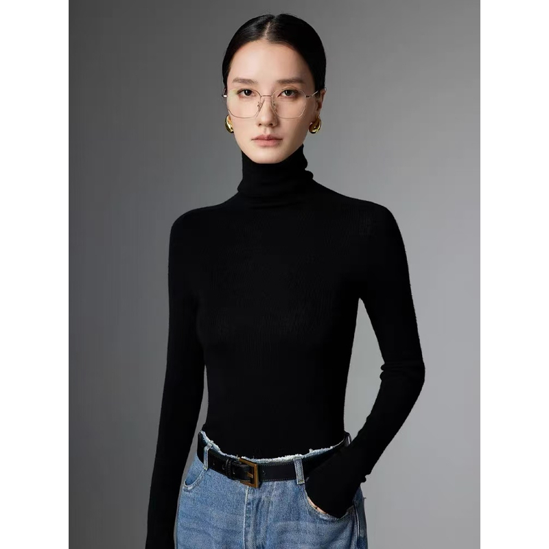 堆堆领-100%精纺美丽诺超细羊毛衫显瘦百搭上衣-可机洗女士