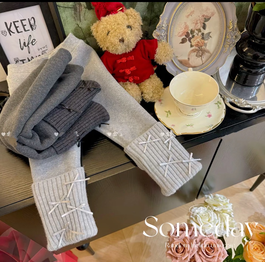 【秋冬季打底裤】女童新款百搭蝴蝶结毛线脚口加绒加厚打底裤小童