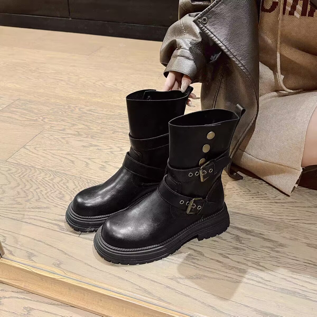 719-98中跟中筒秋冬复古秋季圆头马丁靴休闲单靴平底