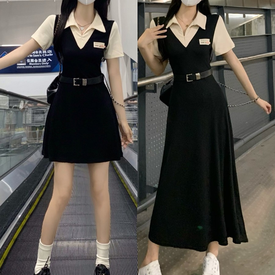 大码学院风长短袖假两件连衣裙春夏季显瘦长短款裙子（送腰带）1342