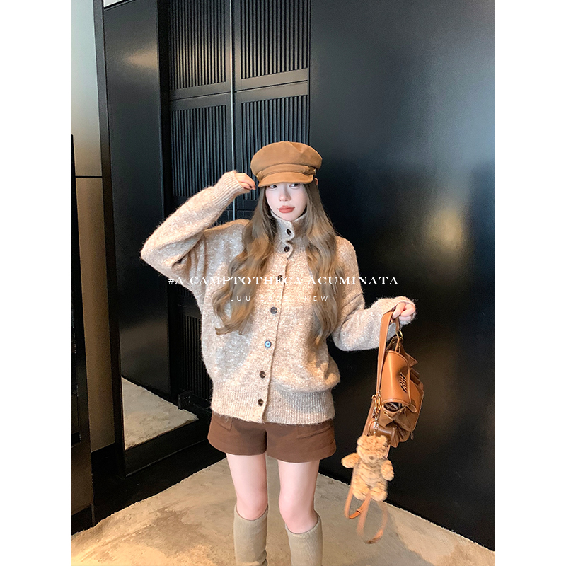 LUU桃喜儿/羊毛立领长袖开衫毛衣外套女秋冬针织内搭设计感上衣