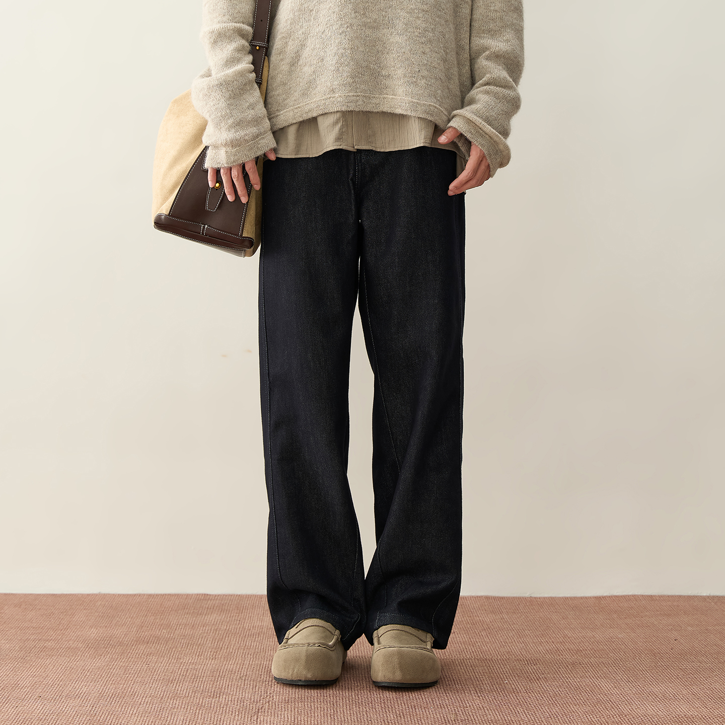 DTBD美式复古原牛水洗牛仔裤男秋季新款宽松直筒裤拖地阔腿长裤子