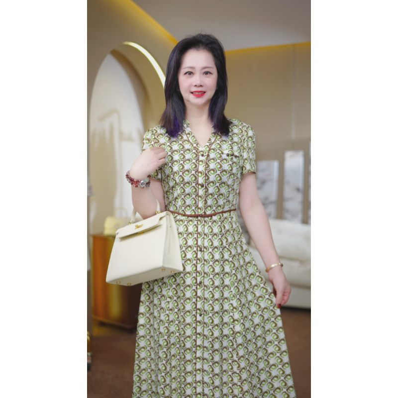 058青苹果印花气质减龄女神范系带显瘦裙子