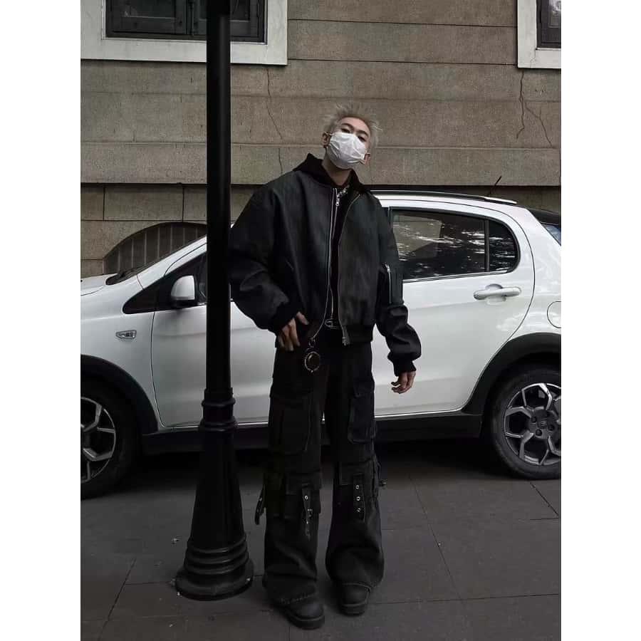 2025新款重磅设计假两件连帽皮衣外套男秋冬款美式复古工装夹克潮