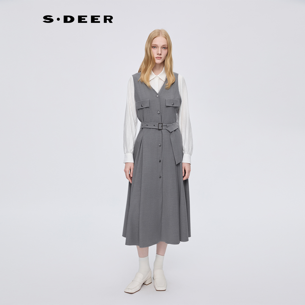 S·DEER圣迪奥【灰度独白】灰色秋季巴黎风套两件连衣裙S253Z1414