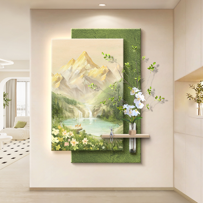 奶油风入户门玄关装饰画水培绿植走廊过道挂画日照金山正对墙壁画
