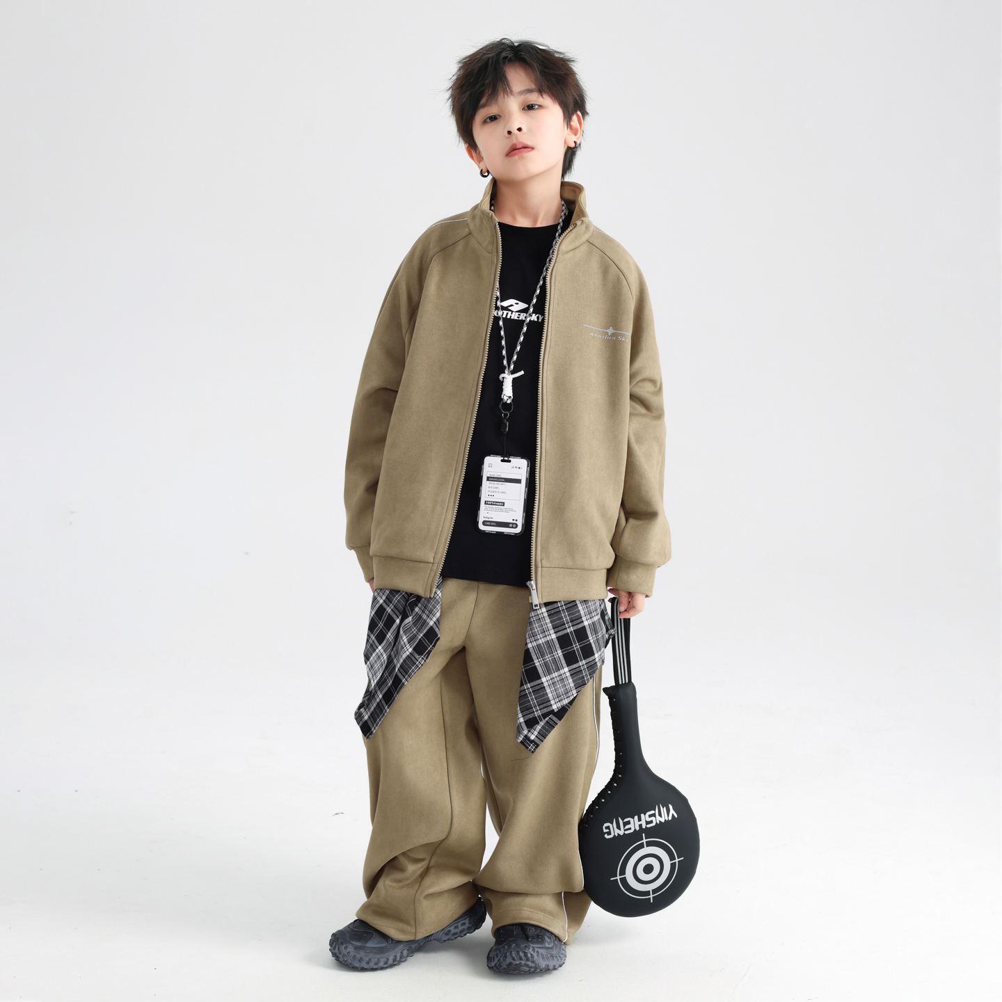  男童春秋装潮酷户外运动套装2025新款青少年学院麂皮绒衣服5912