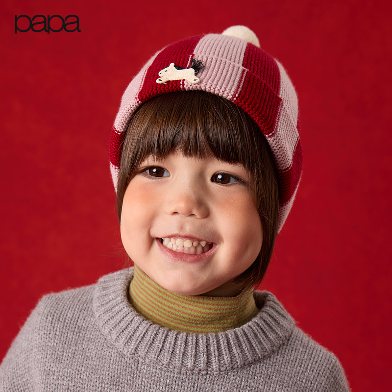 【新品】papa爬爬冬季儿童帽子男女童撞色条纹针织帽童趣可爱保暖