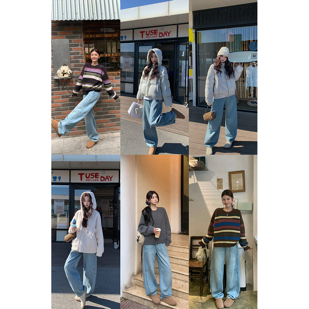 张贝贝ibell加厚baby绒设计感保暖显瘦立体裁片式弯刀磨白牛仔裤