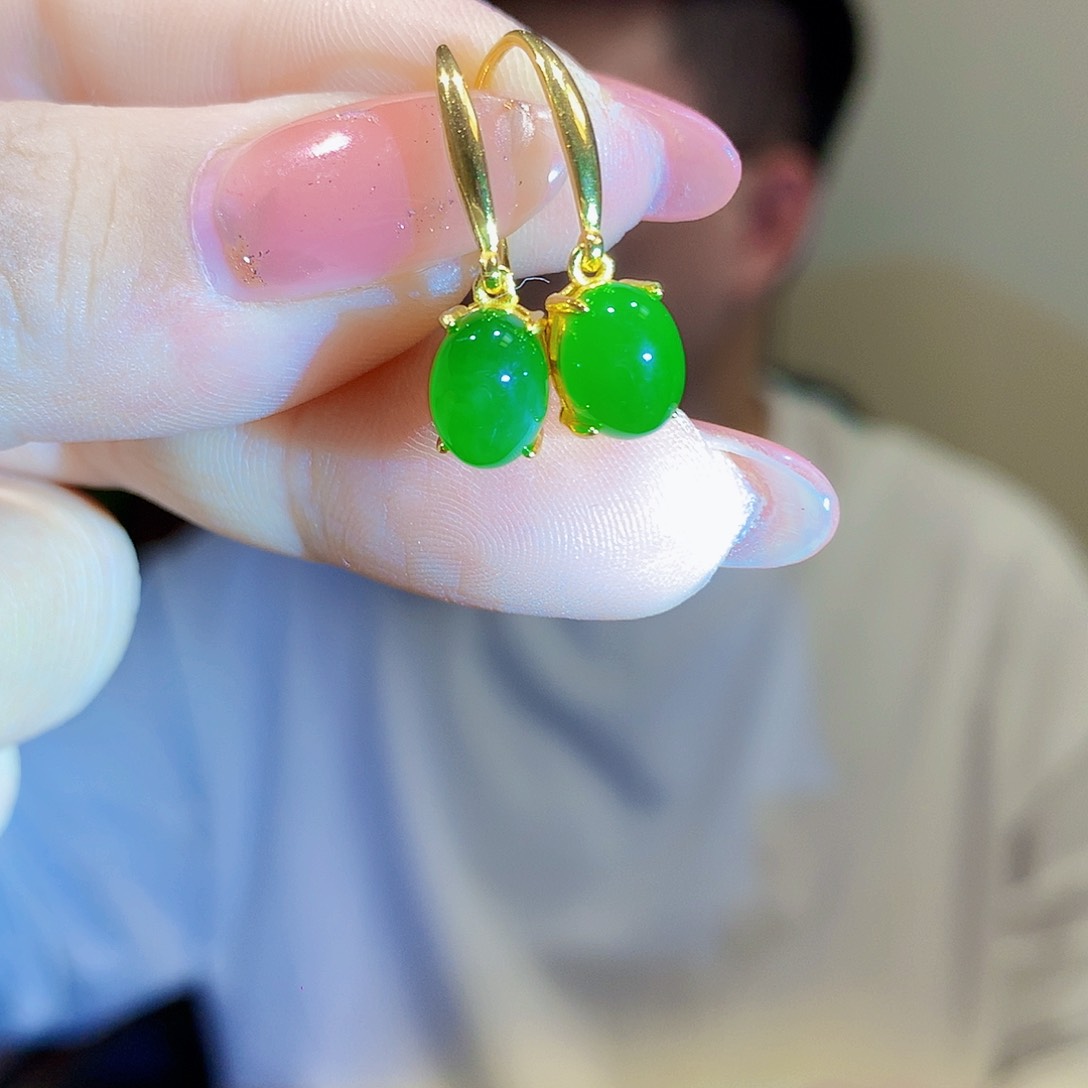 银S925镀金镶嵌和田玉（碧玉）耳饰