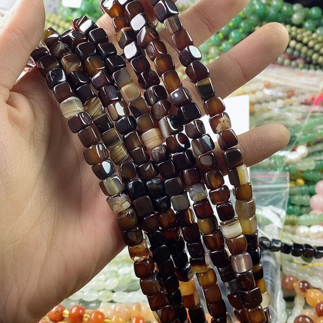 玛瑙/玉髓珠宝半成品合金一条天然7mm咖啡玛瑙方糖微瑕