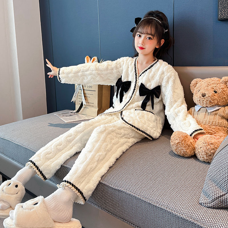 儿童法兰绒睡衣冬季女童珊瑚绒加厚保暖中大童公主长袖家居服套装