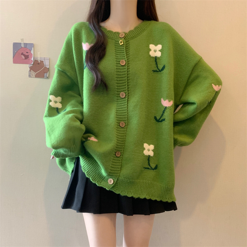 绿色针织开衫花朵毛衣外套女2025秋冬新款大码胖mm中长款减龄上衣