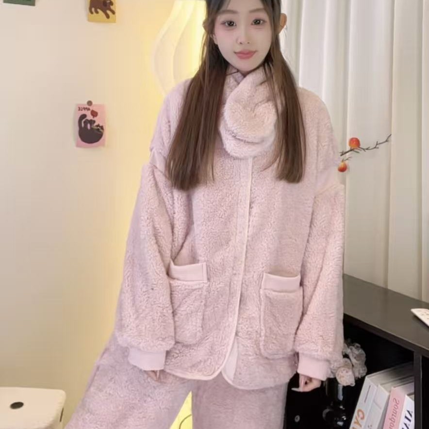 情侣加厚保暖带围巾珊瑚绒法兰绒冬季家居服套装