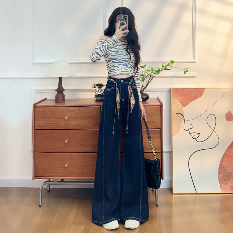 喜绚阔腿牛仔裤女春秋季2025新款百搭弹力超火慵懒丹宁蓝直筒裤子
