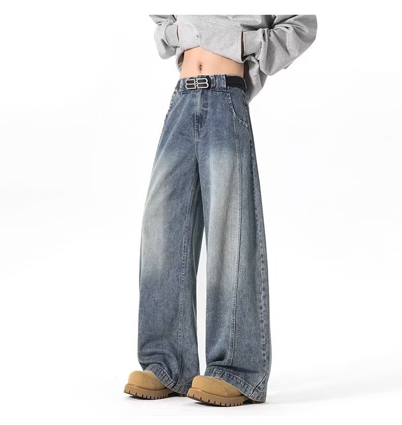 美式秋冬复古水洗做旧弯刀裤男女秋冬潮牌帅高街百搭宽松直筒牛仔