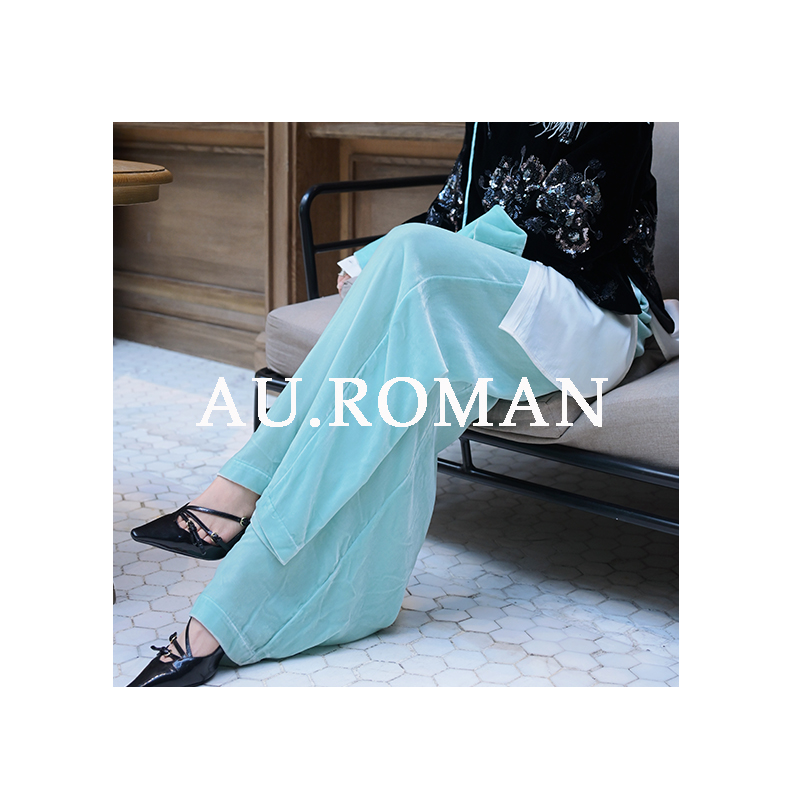 【湖蓝雅韵】百搭休闲‘湖水蓝’高腰丝绒阔腿裤