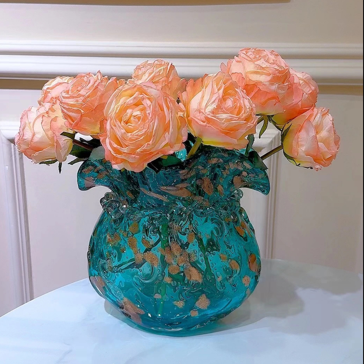 蓝色琉璃钱袋子花瓶大气高级感高档客厅（不含花）