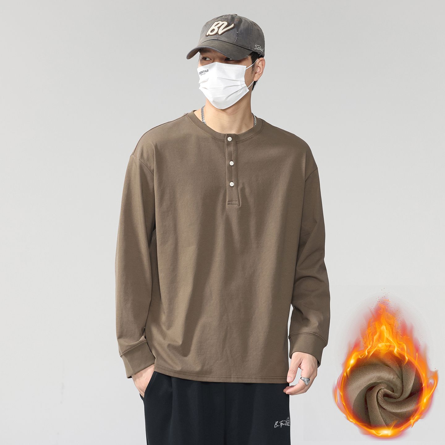 T恤秋冬长袖纽扣秋潮流复古宽松百搭纯色男装圆领亨利领加绒卫衣