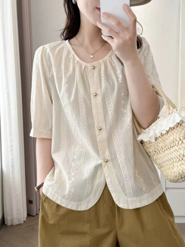 507 韩系小金扣刺绣短袖小衫