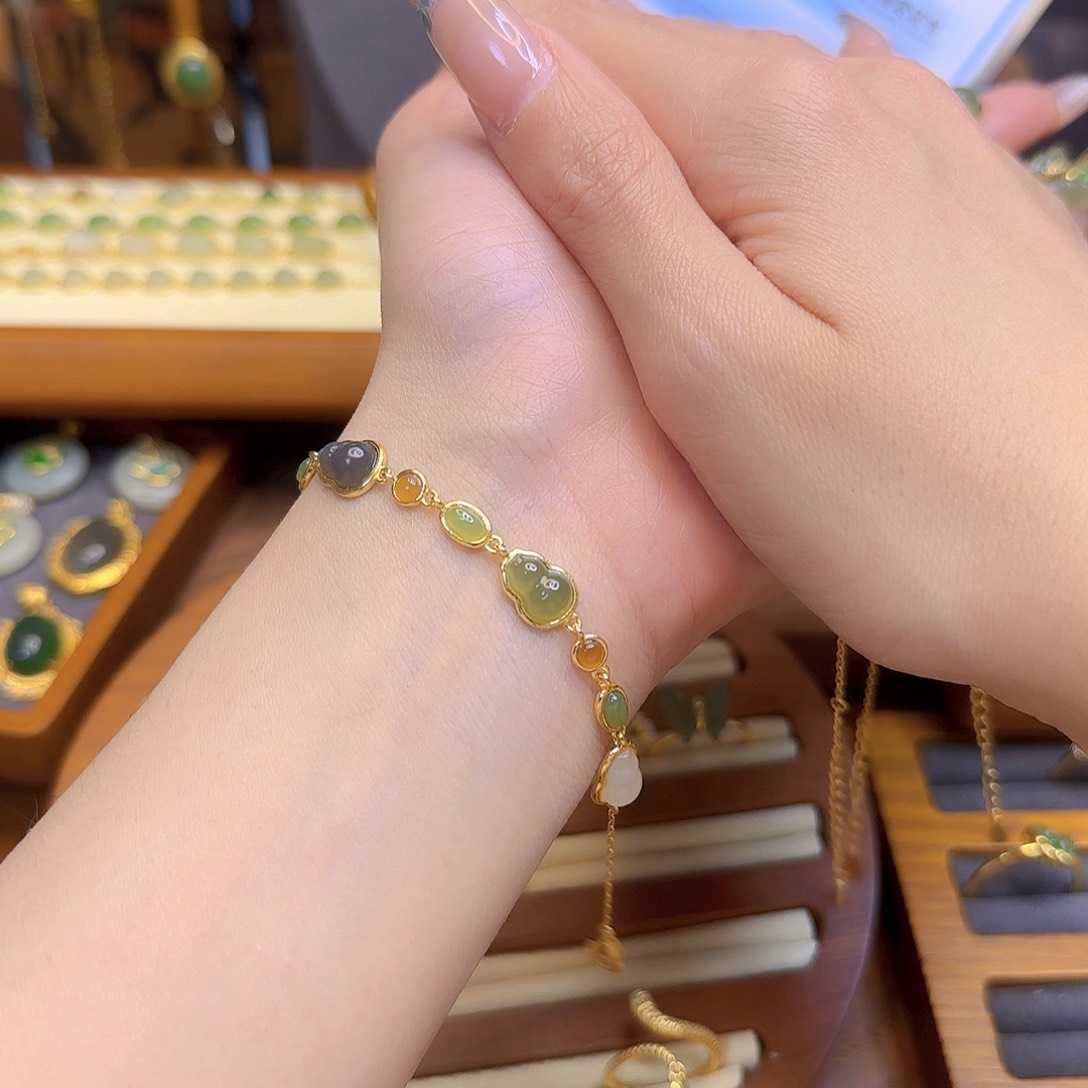 和田玉手链银S925镀金镶嵌