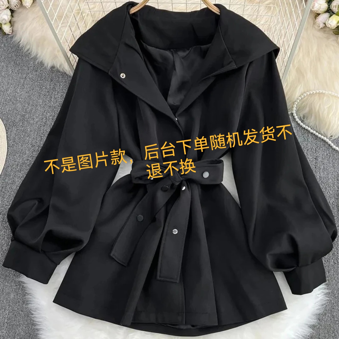 秋季女款短款显瘦灯笼袖连帽风衣外套小个子洋气百搭