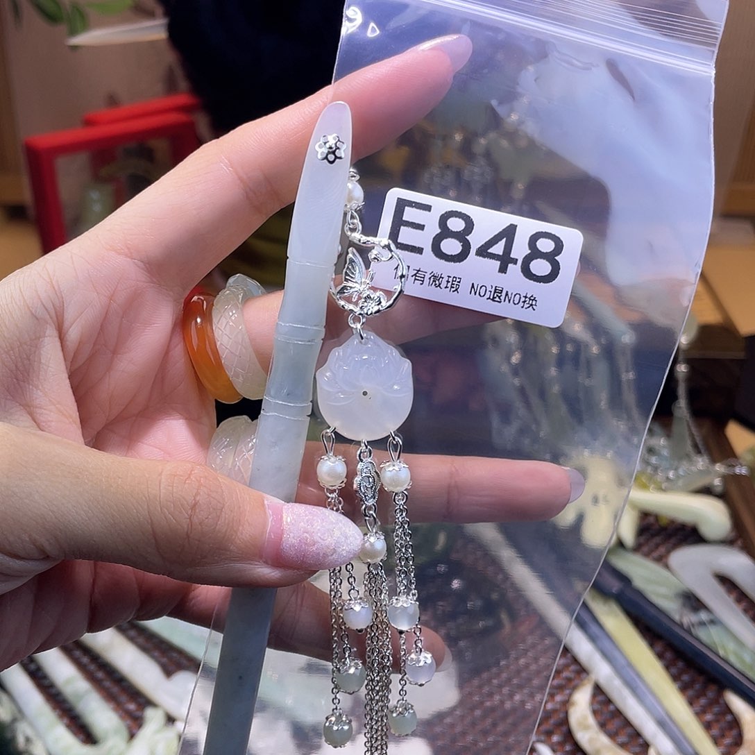 蛇纹石玉发饰银S925镀金镶嵌幽*雀