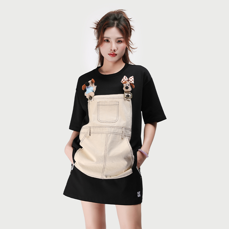 RAQTX32582时尚休闲百搭假两件设计宽松短袖T恤女2025年春夏新款