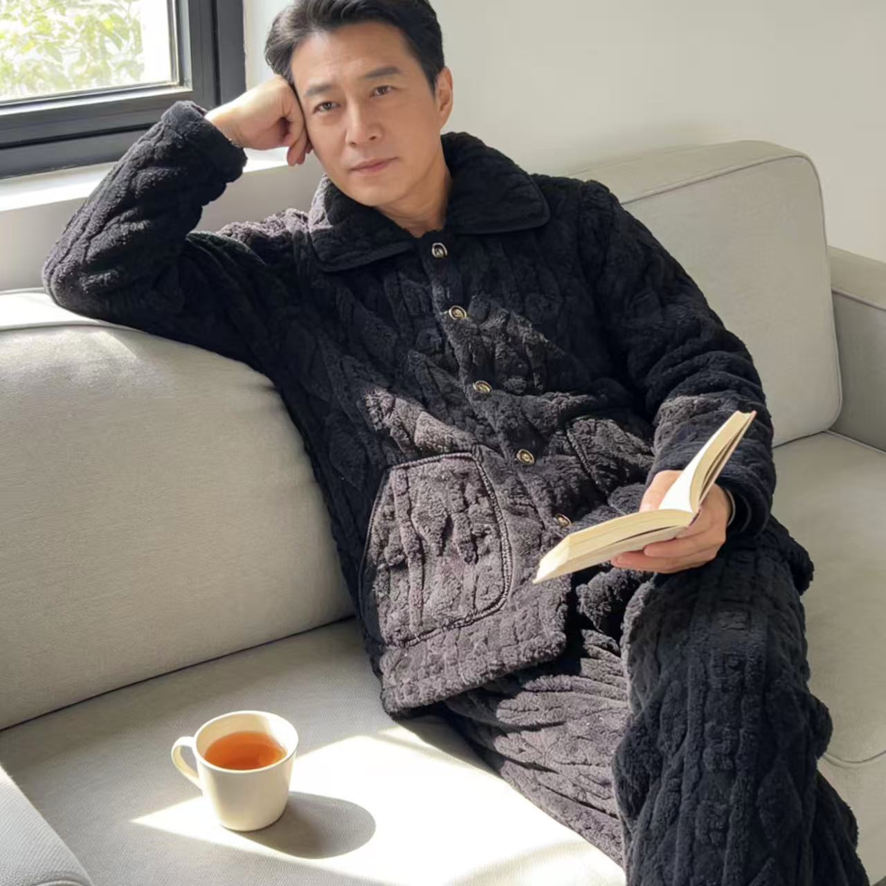 冬季男士特厚夹棉纯黑可外穿家居服