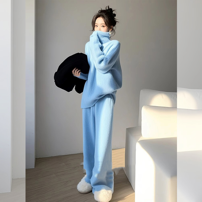 冬装搭配一整套高级感慵懒松弛感蓝色高领毛衣休闲套装女外穿时尚