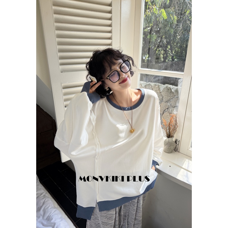 MoNvKiKiPlus9大码微胖设计款明线装饰反车线休闲情侣卫衣#C00133