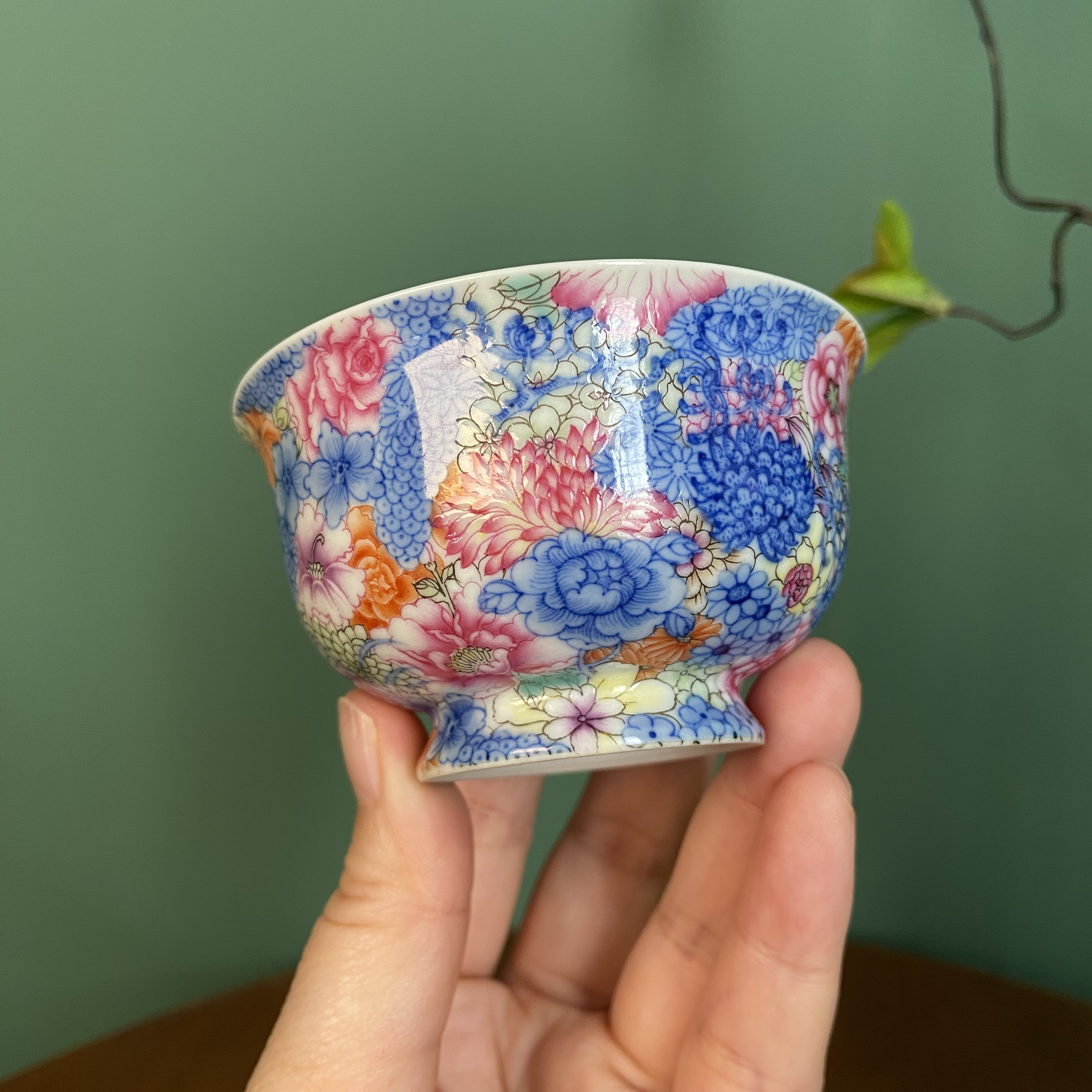当代 【鸿钧堂】青花斗彩万花杯主人杯 景德镇手工手绘茶器茶具