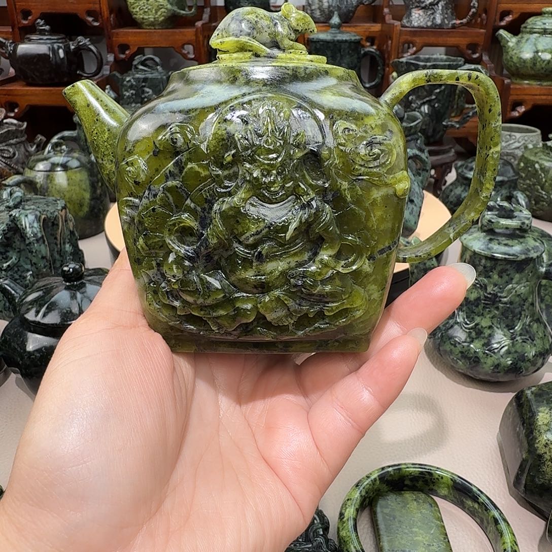 天***佑蛇纹石玉未镶嵌藏玉药王石茶壶