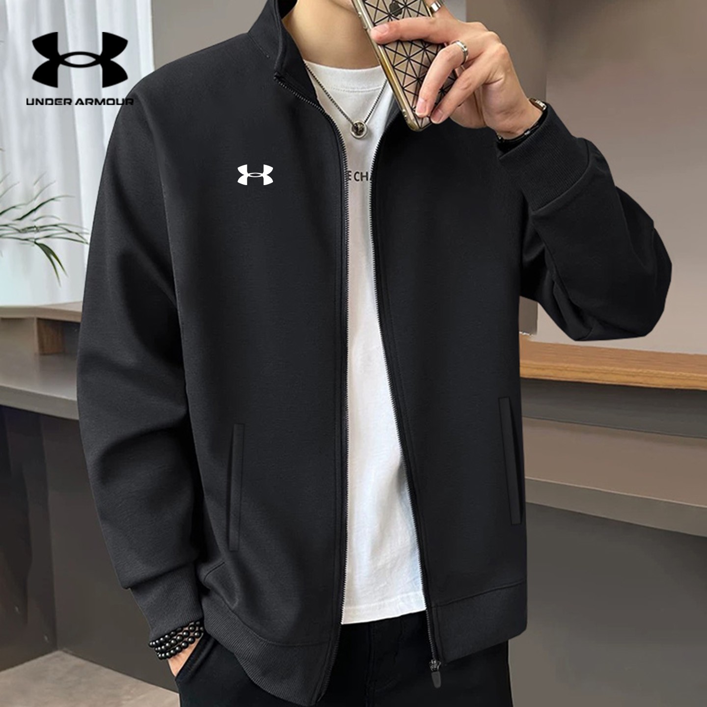 安德玛立领外套男士春秋宽松透气大码休闲百搭黑色针织运动夹克男