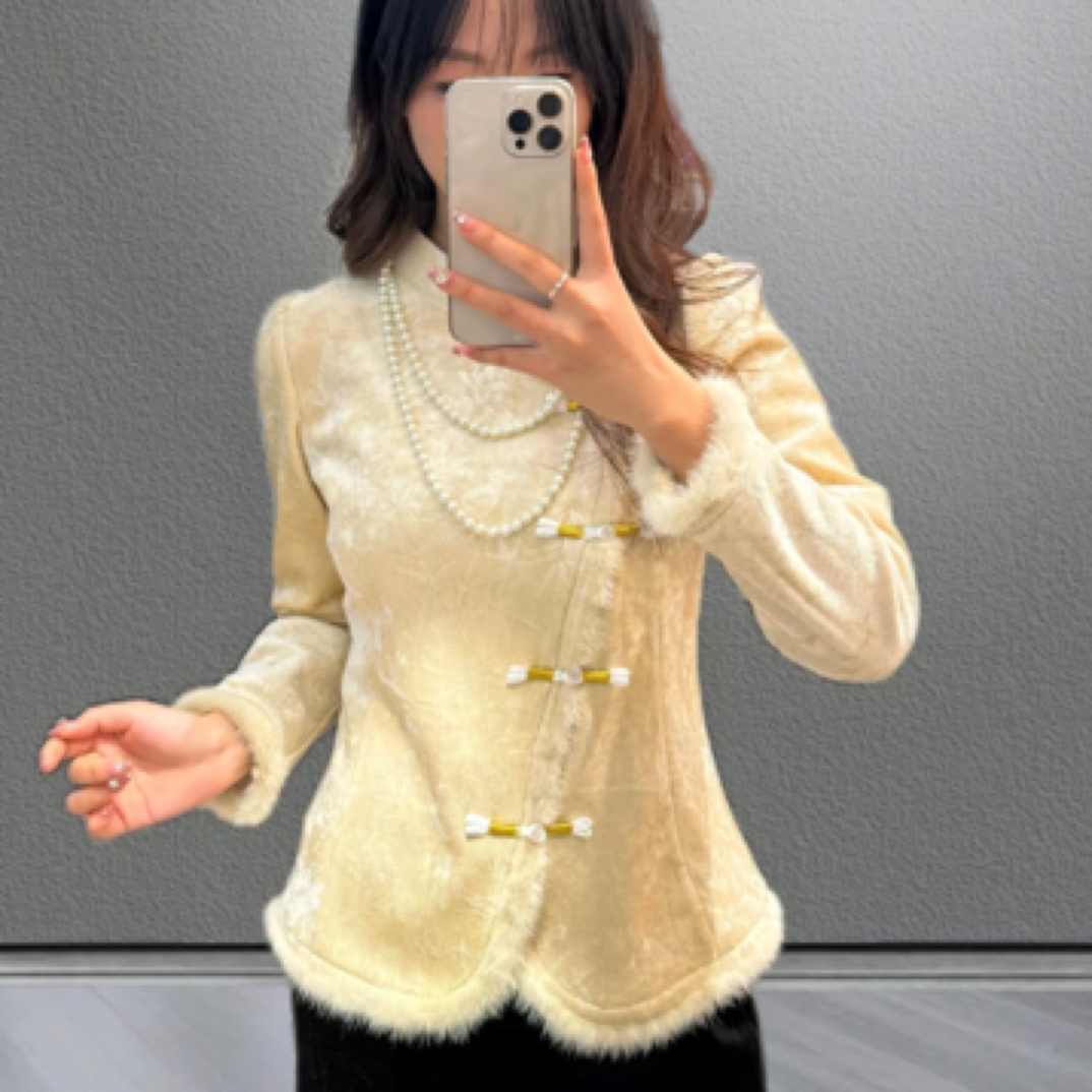 高端新中式立体浮雕织花毛边打底衫