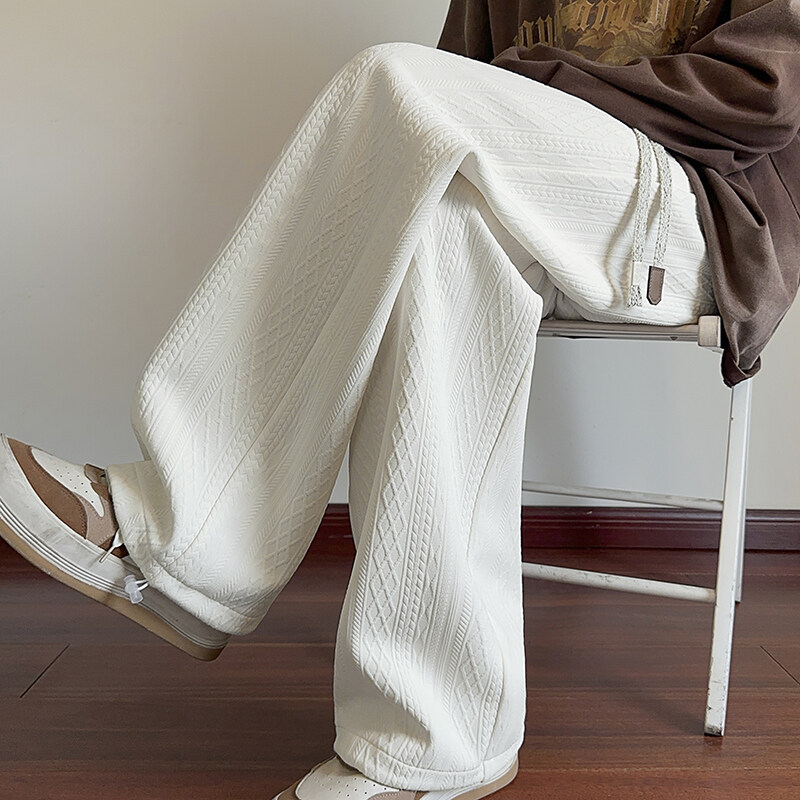 白色显瘦特批P35无差价2025潮流麦穗纹肌理筒休闲裤男宽松阔腿裤