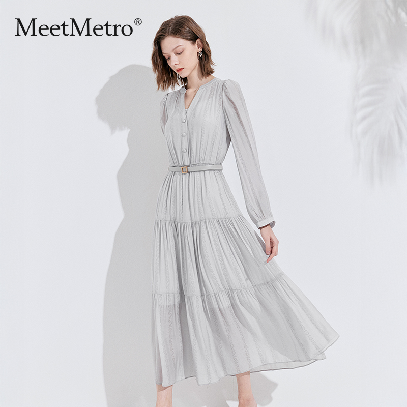 MeetMetro玛依尔法式连衣裙女2025秋新款衬衫裙设计感收腰显瘦裙