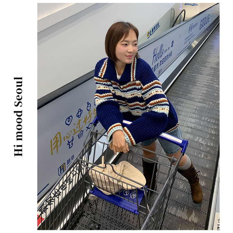 【金恩慧欧尼Hi mood】翻领双口袋单排扣撞色设计感针织开衫