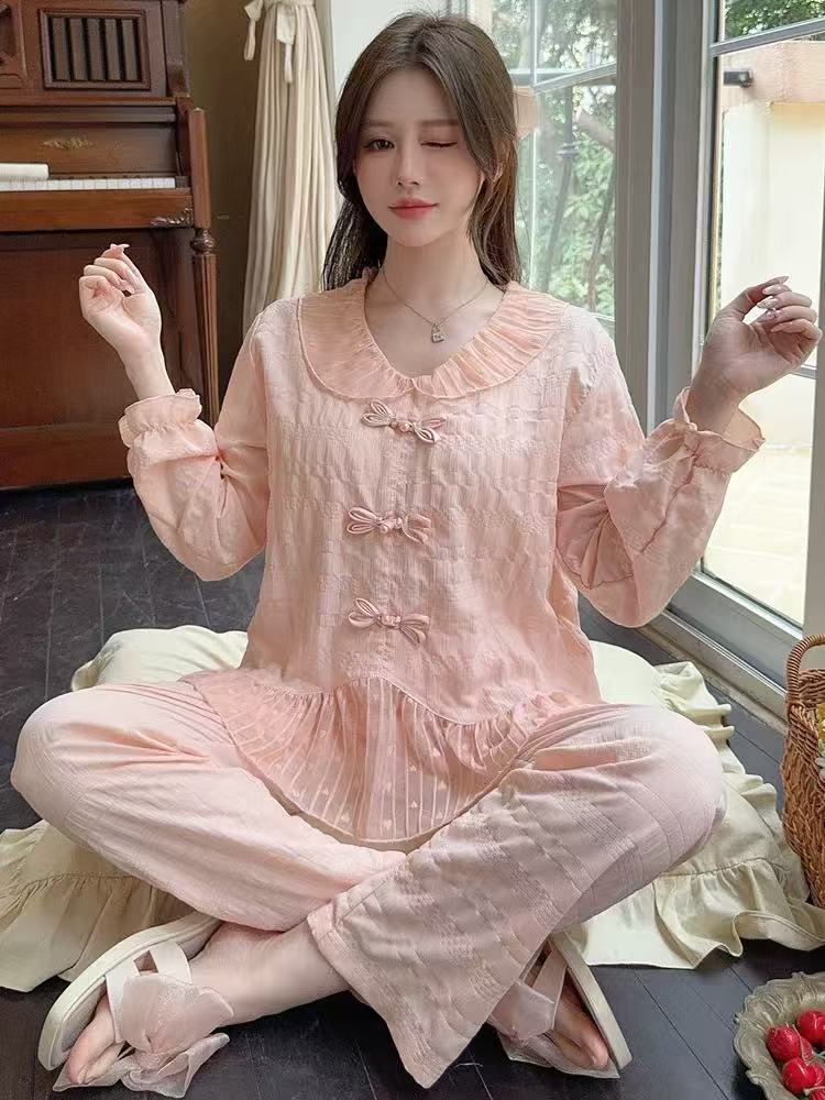 国风春秋长袖睡衣女款带胸垫高档可外穿家居服套装粉色时尚爆款