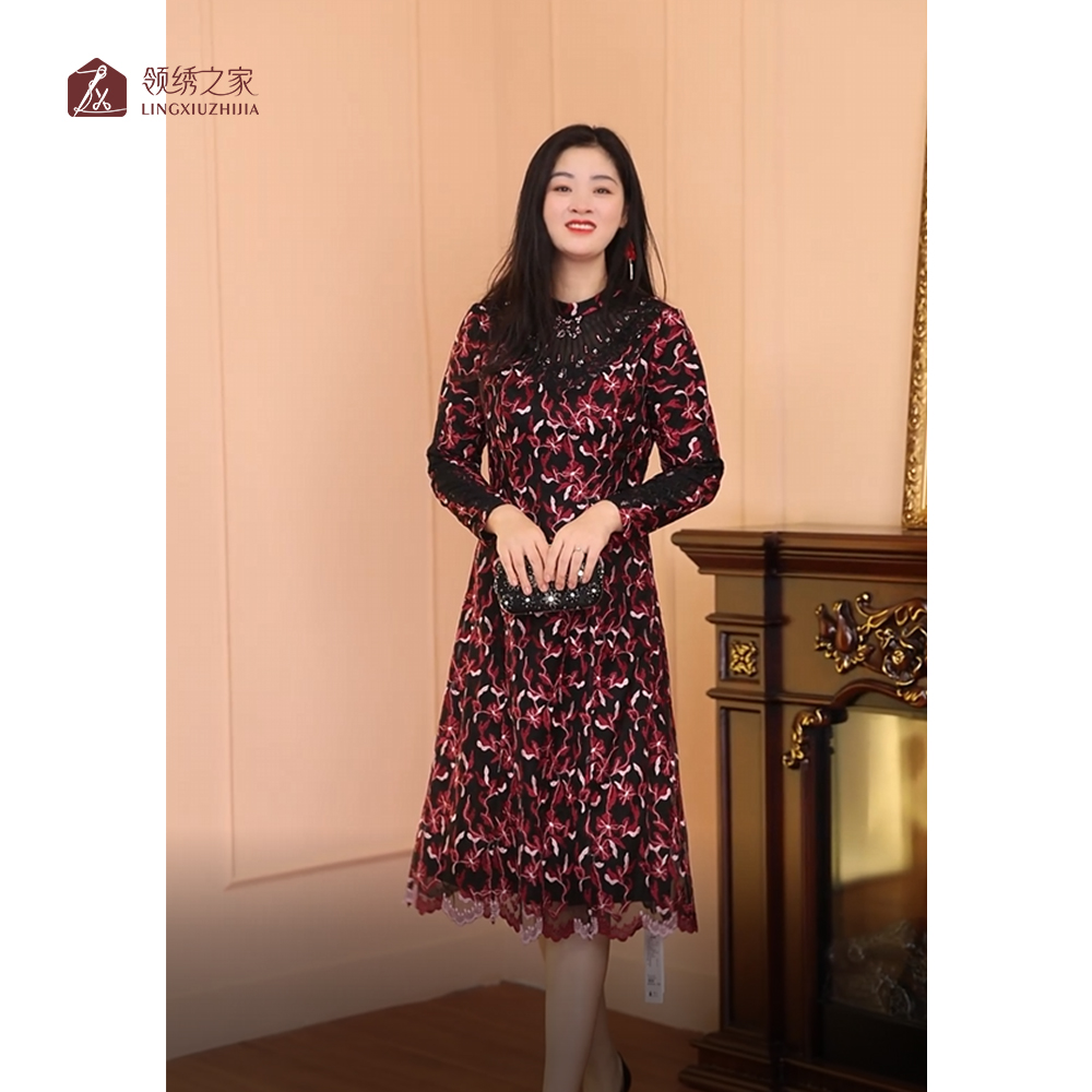 蕾丝绣花连衣裙碎花妈妈装#L800728H-59时尚修身显瘦气质连衣裙