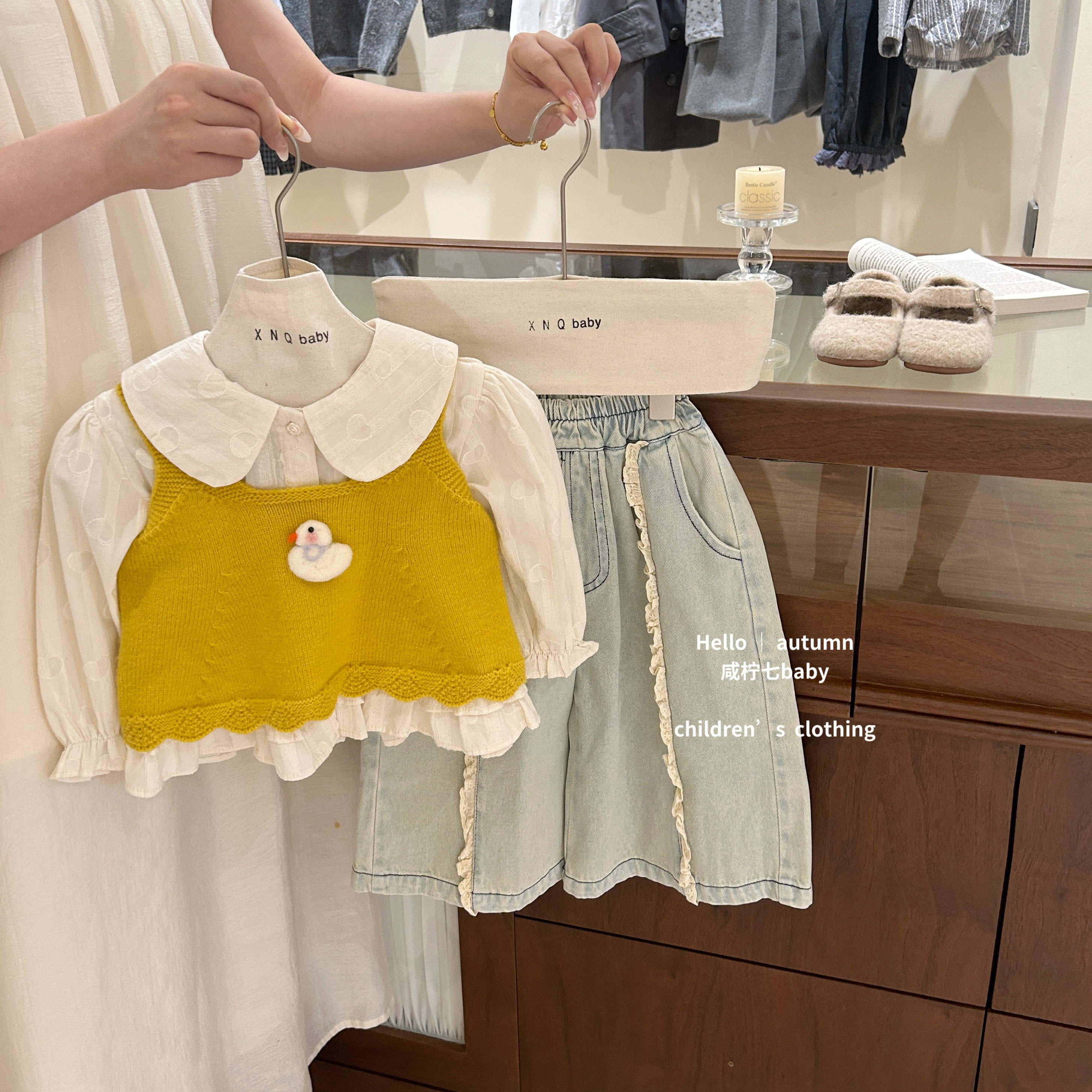 现【咸柠七】女童针织马甲套装儿童双层娃娃领打底衫女宝宝牛仔裤