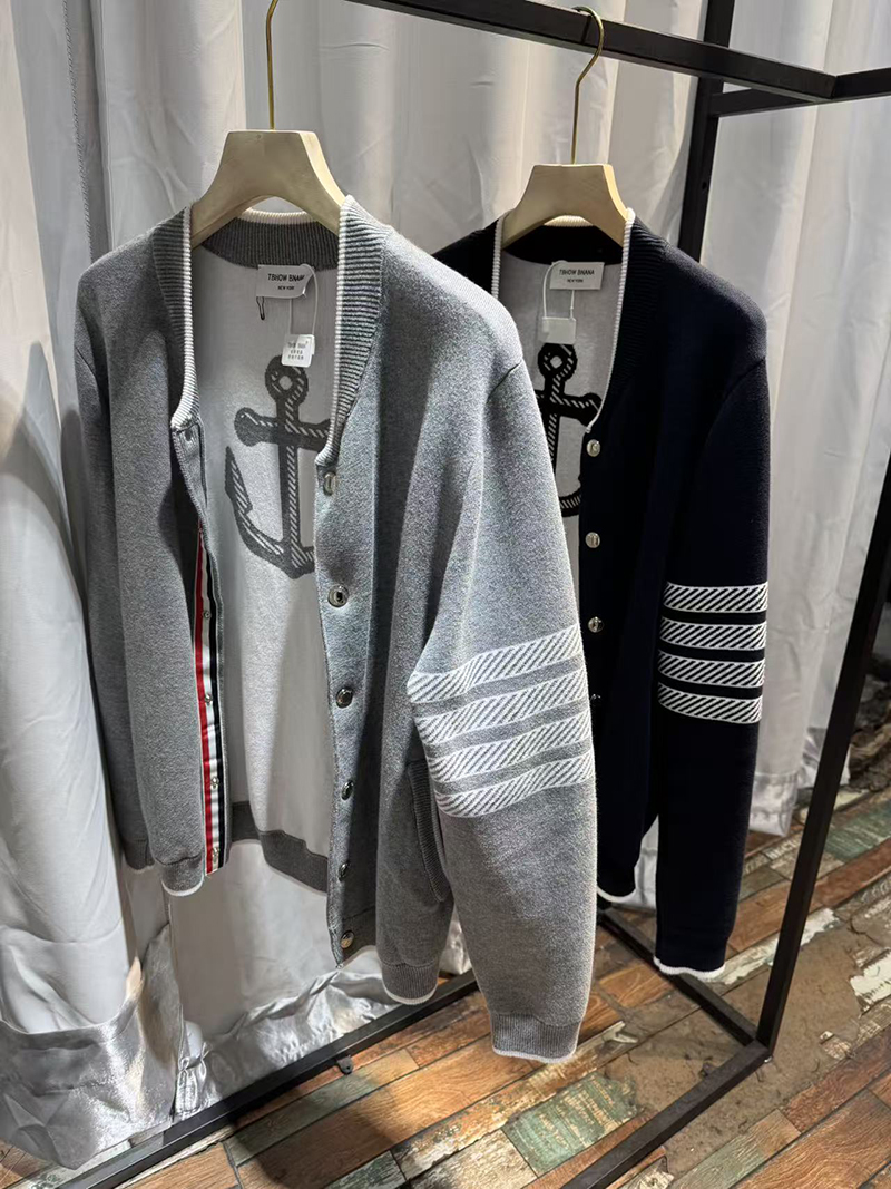 M008tb四条杠条纹色织一体开衫船锚毛衣外套加厚男开衫外套男士