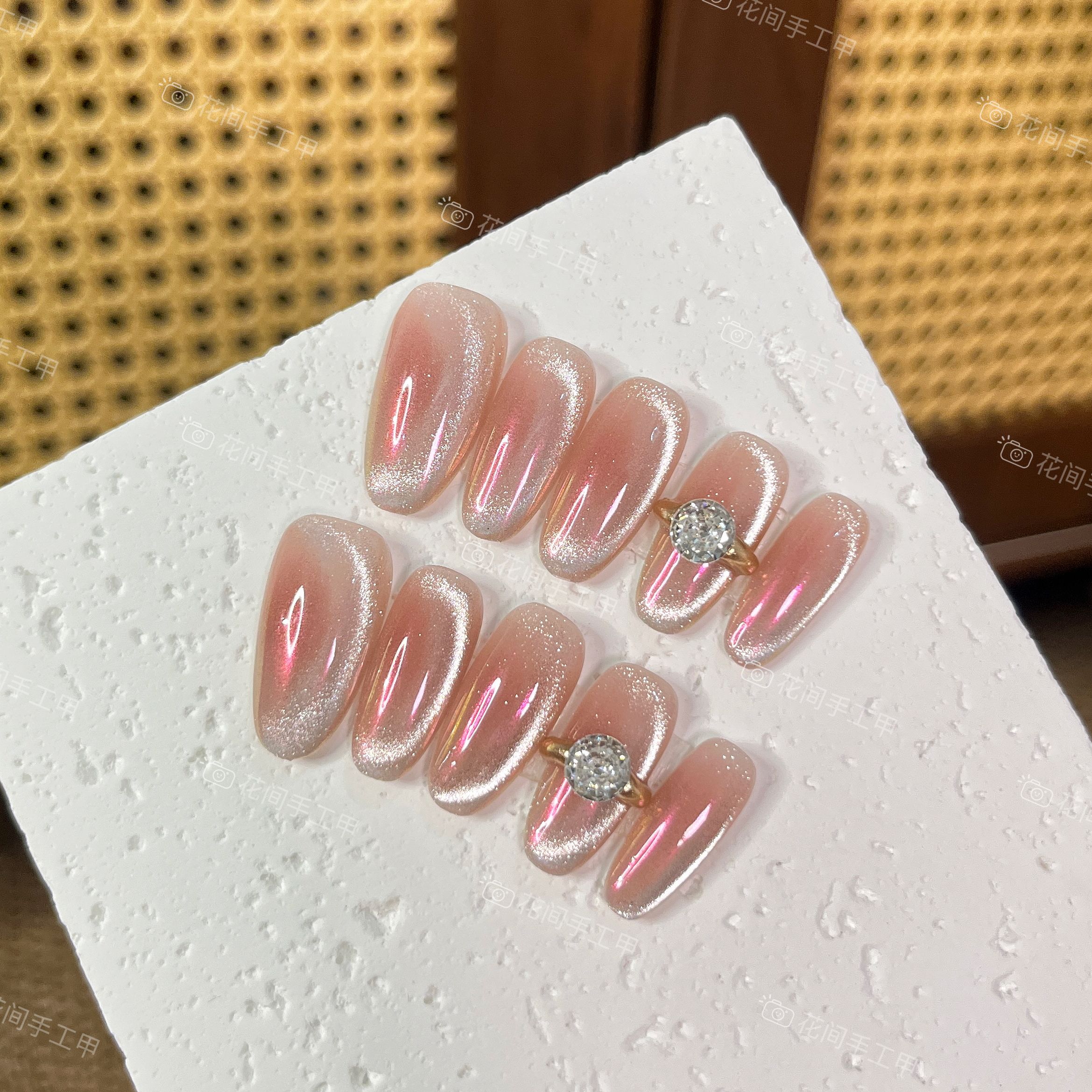 【粉霞极光】花间 极光一克拉猫眼手工穿戴甲10片