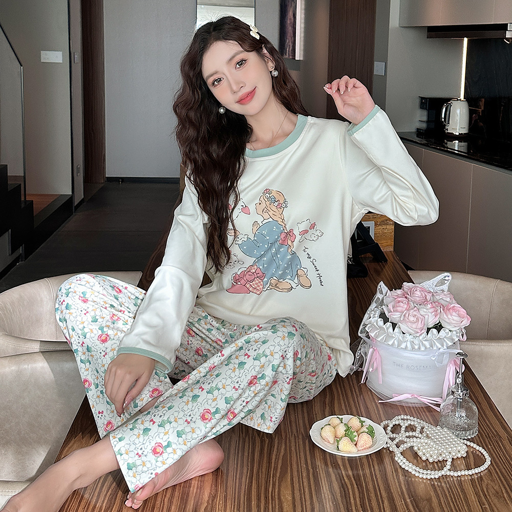 带胸垫德绒睡衣女秋冬季加厚保暖长袖长裤套装可爱卡通冬天家居服