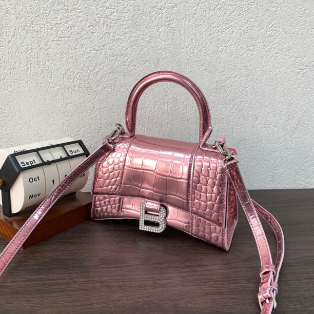 95新 Balenciaga/巴黎世家 稀有粉色镭射钻扣xs号沙漏手提斜挎包 